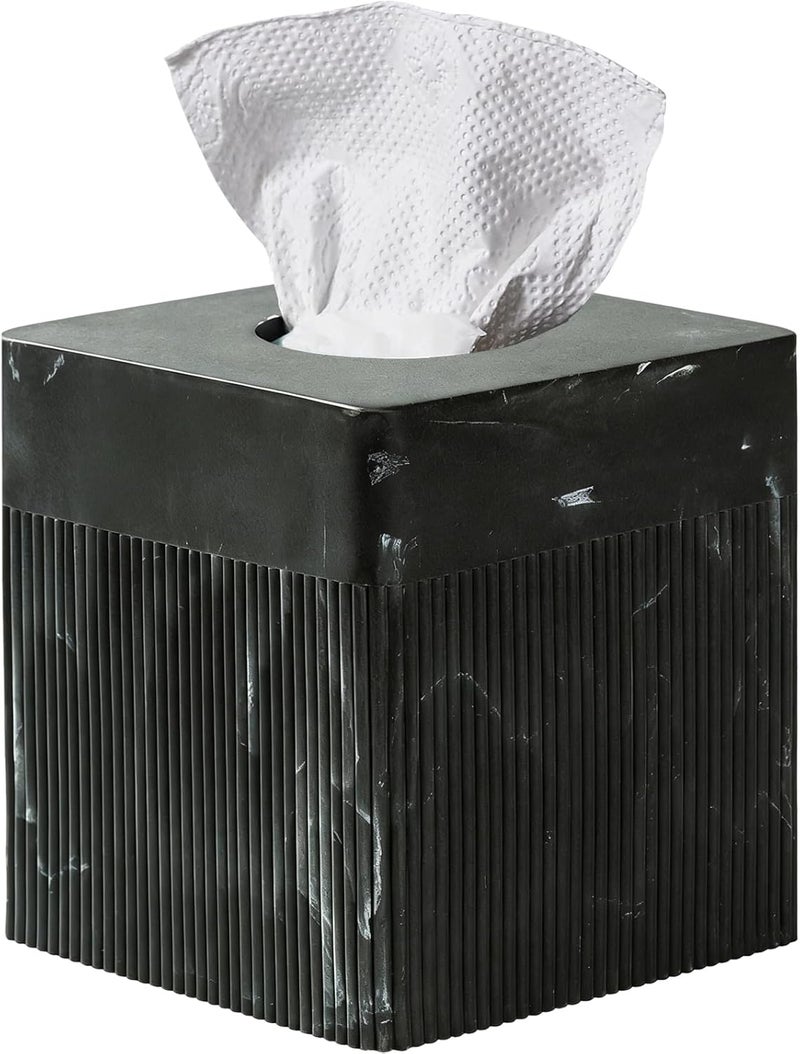 Polytree Tissue Box Cover Square Resin Tissue Holder for Home Decor, Hand Poured Marble Tissue Box Holder, 5 x 5 x 5.5 inches, Black - Image 1